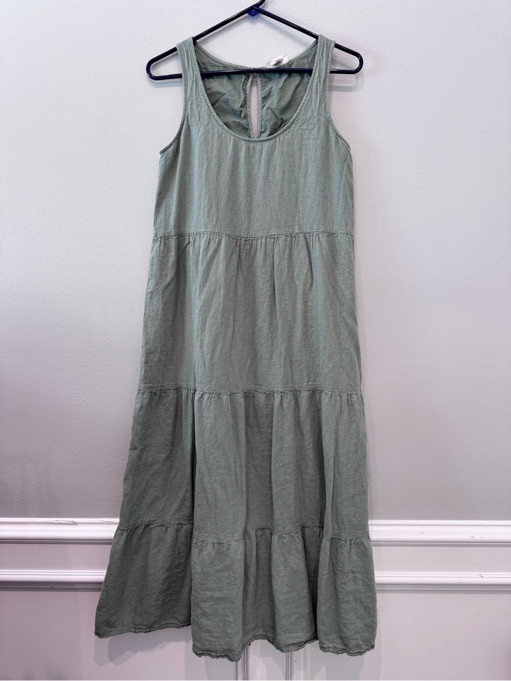 Nicole Miller Sage Green Linen Blend Tiered Maxi Dress Sleeveless